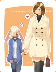 Rule 34 | 1boy, 1girl, age difference, animal ears, artist request, blonde hair, blush, brown hair, bulge, coat, cowboy shot, dog ears, embarrassed, furry, green eyes, hair over one eye, heart, highres, holding hands, long hair, looking at another, outside border, rabbit, rabbit ears, red eyes, short hair, smile, snout, speech bubble, spoken heart, thighhighs, walking