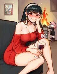 Rule 34 | 2girls, among us, anya (spy x family), anya (spy x family) (cosplay), bare legs, bare shoulders, black hair, blush, blushyspicy, breasts, burning, cleavage, commentary, cooking, cosplay, couch, crewmate (among us), cup, dress, drinking glass, drunk, earrings, elbow rest, english commentary, fire, frying pan, gold earrings, hair down, hairband, head rest, highres, holding, holding cup, jewelry, large breasts, living room, long hair, looking at viewer, mother and daughter, multiple girls, picture frame, red eyes, sitting, smile, solo focus, spy x family, squeans, stove, sweater, sweater dress, thighs, twilight (spy x family), twilight (spy x family) (cosplay), white hairband, wide-eyed, wine glass, yor briar, yor briar (cosplay)