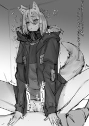 Rule 34 | 1boy, 1girl, afterimage, animal ears, arknights, blush, bottomless, ear wiggle, fur-trimmed hood, fur trim, girl on top, greyscale, hair ornament, heart, hetero, highres, hood, hooded jacket, jacket, long hair, mask, mask around neck, miyoichi (tjuc8378), monochrome, open clothes, open jacket, pov, projekt red (arknights), pussy, sex, shirt, sketch, solo focus, speech bubble, squatting cowgirl position, tail, translation request, vaginal, wolf ears, wolf girl, wolf tail