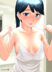 Rule 34 | 1girl, bare arms, bare shoulders, blue eyes, blue hair, blush, breasts, collarbone, commentary request, highres, houshou (kancolle), indoors, kantai collection, long hair, looking at viewer, medium breasts, mu-pyon, open mouth, ponytail, smile, solo, twitter username, undressing, upper body