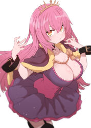 Rule 34 | 1girl, breasts, brown cape, cape, cleavage, closed mouth, crown, dress, hair between eyes, hands up, highres, large breasts, long hair, looking at viewer, oda nobunaga (sengoku collection), orange eyes, pink hair, purple dress, sengoku collection, simple background, solo, sumiyao (amam), underbust, very long hair, white background, wrist belt