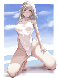 Rule 34 | 1girl, barefoot, blue sky, breasts, brown eyes, cloud, commentary request, competition swimsuit, covered navel, grey hair, hair ornament, hairclip, highleg, highleg swimsuit, kneeling, large breasts, mashinatsu, one-piece swimsuit, original, short hair, sky, solo, stretch action, swimsuit, white one-piece swimsuit