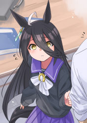 Rule 34 | 1girl, ahoge, black hair, black sweater, book, briefcase, commentary request, earrings, flying sweatdrops, hair between eyes, highres, jewelry, long hair, long sleeves, looking at viewer, manhattan cafe (umamusume), multicolored hair, neck ribbon, notice lines, out of frame, pleated skirt, purple skirt, ribbon, sailor collar, shirt grab, single earring, skirt, solo focus, streaked hair, sweater, table, tile floor, tiles, umamusume, white ribbon, yellow eyes, yuuichi (reductionblack)