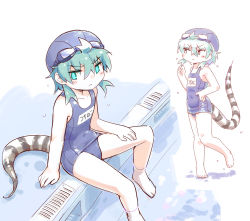 Rule 34 | 0x0082, 1girl, absurdres, alternate costume, bare legs, bare shoulders, barefoot, blue eyes, blue hair, blue headwear, blue one-piece swimsuit, blush, full body, goggles, goggles on head, highres, kemono friends, multiple views, one-piece swimsuit, pool, school swimsuit, short hair, sitting, sleeveless, snake print, snake tail, standing, standing on one leg, swim cap, swimsuit, tail, translated, tsuchinoko (kemono friends), water drop