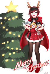 Rule 34 | 1girl, ankle boots, antlers, black hair, blake belladonna, boots, bow, cape, character doll, christmas, christmas tree, dress, grey eyes, highres, hood, horns, image sample, merry christmas, multicolored hair, ndgd, pantyhose, red footwear, red hair, ruby rose, rwby, short hair, skirt, solo, stuffed toy, thighband pantyhose, weiss schnee, yang xiao long