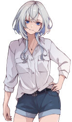 Rule 34 | 1girl, absurdres, blue eyes, commentary, denim, grey hair, hand on own hip, highres, hitozche, hololive, hololive indonesia, jeans, jewelry, long hair, looking at viewer, pants, parted lips, pendant, shirt, shorts, simple background, solo, standing, teeth, vestia zeta, virtual youtuber, white background, white shirt