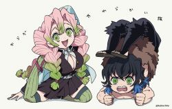 Rule 34 | 1boy, 1girl, :d, arm behind head, arm up, belt, black hair, black jacket, black pants, black skirt, blue hair, braid, breasts, chibi, cleavage, clenched hands, colored tips, dalc rose, demon slayer uniform, flexible, gradient hair, green eyes, green hair, green thighhighs, handstand, haori, hashibira inosuke, jacket, japanese clothes, kanroji mitsuri, kimetsu no yaiba, kneeling, large breasts, legs up, long hair, long sleeves, looking at viewer, miniskirt, mole, mole under eye, multicolored hair, open mouth, pants, pants tucked in, pelt, pink hair, pleated skirt, ribbed thighhighs, shirt, simple background, skirt, skirt set, smile, soles, thighhighs, toeless legwear, topless male, trait connection, tri braids, tri tails, twitter username, two-tone hair, unbuttoned, unbuttoned shirt, waraji, white background, white jacket, white shirt, zettai ryouiki