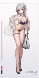 Rule 34 | 1girl, absurdres, azur lane, bag, bikini, black choker, blush, breasts, butterfly hair ornament, choker, commentary, copyright name, dunkerque (azur lane), dunkerque (summer sucre) (azur lane), front-tie bikini top, front-tie top, full body, grey hair, hair ornament, headband, headdress, heatia, highres, jacket, jewelry, large breasts, long hair, navel, official alternate costume, purple bikini, red eyes, revision, ring, shoulder bag, sidelocks, solo, swimsuit, thigh strap, very long hair, white jacket