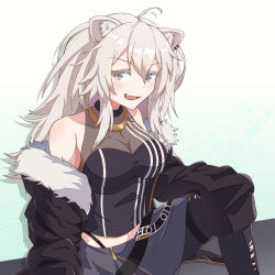 Rule 34 | 1girl, absurdres, ahoge, animal ears, bare shoulders, black jacket, breasts, cleavage, collarbone, commentary request, covered collarbone, earrings, fur-trimmed jacket, fur trim, grey eyes, grey hair, grin, hair between eyes, highres, hololive, jacket, jewelry, large breasts, lion ears, lion girl, long hair, looking at viewer, midriff, navel, necklace, off shoulder, open clothes, open jacket, see-through, see-through cleavage, semeto (a2439x), shishiro botan, shishiro botan (1st costume), skirt, smile, solo, torn clothes, torn legwear, virtual youtuber, zipper, zipper pull tab, zipper skirt