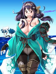 Rule 34 | 1girl, 1other, abyssal ship, ahoge, black gloves, black pantyhose, breasts, cleavage, unworn clothes, cloud print, collarbone, commentary request, cowboy shot, day, eighth note, enemy naval mine (kancolle), fingerless gloves, gloves, hair flaps, hair ornament, hairband, japanese clothes, kantai collection, kimono, large breasts, low twintails, musical note, one-hour drawing challenge, open clothes, open kimono, open mouth, outdoors, panties, panties under pantyhose, pantyhose, purple hair, red eyes, ryuuhou (kancolle), shin guards, taigei (kancolle), tatsumi ray, tentacles, twintails, twitter username, underwear, water, whale hair ornament