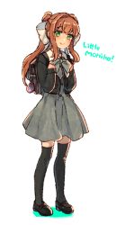 Rule 34 | 1girl, backpack, bag, black footwear, black thighhighs, brown hair, character name, commentary, crime prevention buzzer, doki doki literature club, dress, english commentary, green eyes, grey dress, hair ribbon, long hair, long sleeves, looking at viewer, monika (doki doki literature club), ponytail, ribbon, shoes, sidelocks, simple background, smile, solo, sora (efr), thighhighs, white background, white ribbon, aged down, zettai ryouiki