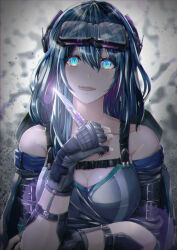 Rule 34 | 1girl, absurdres, attempted suicide, bare shoulders, black hair, blue eyes, breasts, detached sleeves, eyewear on head, fingerless gloves, gloves, grey gloves, hair between eyes, headgear, highres, holding, holding knife, knife, long hair, medium breasts, open mouth, original, sheep76