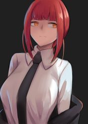 Rule 34 | 1girl, absurdres, black necktie, blunt bangs, braid, braided ponytail, chainsaw man, closed mouth, collared shirt, expressionless, highres, long hair, looking to the side, makima (chainsaw man), necktie, orange eyes, red hair, ringed eyes, satou rin (gobugabuge), shirt, solo, white shirt
