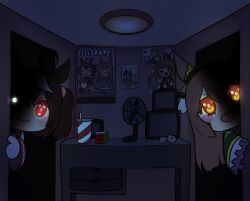 Rule 34 | animal ears, aston machan (umamusume), beta 2, blush, character doll, commentary request, doqute stuffed doll, electric fan, five nights at freddy&#039;s, glowing, glowing eyes, horse ears, horse girl, kitasan black (umamusume), long hair, looking at viewer, open mouth, parody, peeking out, poster (object), pov, red eyes, rubik&#039;s cube, satono diamond (umamusume), smile, table, television, umamusume, yellow eyes