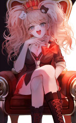 Rule 34 | 1girl, :d, absurdres, bear hair ornament, black bra, black choker, black shirt, blonde hair, blue eyes, boots, bow, bra, breasts, chair, choker, cleavage, collarbone, crossed legs, crown, danganronpa: trigger happy havoc, danganronpa (series), enoshima junko, hair ornament, highres, knee boots, large breasts, long hair, looking at viewer, miniskirt, nail polish, necktie, no nose, open mouth, red bow, red nails, red skirt, shirt, sitting, skirt, smile, solo, teeth, twintails, underwear, upper teeth only, wny (wnys art)
