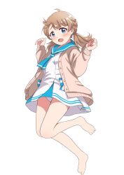 Rule 34 | 1girl, absurdres, ahoge, bare legs, barefoot, blue bow, blue eyes, blue neckerchief, blue sailor collar, blush, bow, brown cardigan, brown hair, cardigan, commentary request, hands up, highres, idolmaster, idolmaster million live!, jumping, long sleeves, looking at viewer, medium hair, midair, neckerchief, open cardigan, open clothes, open mouth, sailor collar, sailor swimsuit (idolmaster), short twintails, solo, striped, striped bow, suou momoko, thighs, twintails, white background, white swimsuit, yukiho kotori