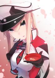 Rule 34 | 10s, 1girl, anchor, bad id, bad nicoseiga id, black gloves, blonde hair, blue eyes, breasts, capelet, cherry blossoms, cross, cup, from side, gloves, gradient background, graf zeppelin (kancolle), hair between eyes, hand on own chin, hat, head tilt, high collar, highres, holding, iron cross, kantai collection, large breasts, long hair, long sleeves, looking at viewer, military, military uniform, necktie, parted lips, peaked cap, petals, sakazuki, sidelocks, sleeve cuffs, solo, suginoji, twintails, uniform, white hair