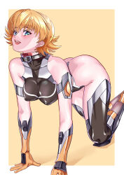 Rule 34 | 1girl, absurdres, all fours, arion canvas, bare shoulders, blonde hair, blue eyes, blush, breasts, collar, covered erect nipples, highres, igawa sakura, large breasts, latex, latex leotard, leotard, ninja, revealing clothes, short hair, smile, solo, taimanin (series), taimanin asagi, taimanin suit