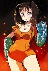 Rule 34 | &gt;:o, 10s, 1girl, :o, angry, black hair, blush, bodysuit, breasts, brown hair, cleavage, collarbone, covered navel, cowboy shot, diane (nanatsu no taizai), elbow gloves, embers, fingerless gloves, fire, gloves, hand on own hip, highres, hip focus, large breasts, leotard, long hair, looking at viewer, nanatsu no taizai, parted bangs, puffy short sleeves, puffy sleeves, purple eyes, short hair, short sleeves, short twintails, solo, sparks, standing, sunameri oishii, twintails, v-shaped eyebrows