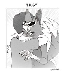 Rule 34 | 1boy, 1girl, ^^^, animal crossing, animal ears, animal nose, artist name, audie (animal crossing), blush, body fur, border, claws, drawligator, dress, ear blush, embarrassed, emphasis lines, english text, eyewear on head, furry, furry female, furry with non-furry, hands up, hetero, interspecies, motion lines, nintendo, nose blush, open mouth, short hair, signature, sleeveless, sleeveless dress, snout, standing, sunglasses, surprised, tail, tail raised, tail wagging, upper body, villager (animal crossing), white background, white border, wide-eyed, wolf ears, wolf girl, wolf tail