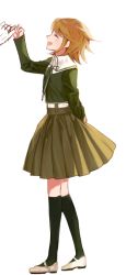 Rule 34 | 16 (0xhsk16), 1boy, 1other, :d, arm behind back, blush, brown hair, brown legwear, closed eyes, danganronpa: trigger happy havoc, danganronpa (series), facing to the side, from side, fujisaki chihiro, green jacket, green ribbon, grey background, grey footwear, hand up, happy, jacket, kneehighs, long sleeves, male focus, neck ribbon, open mouth, pleated skirt, ribbon, shoes, short hair, simple background, skirt, smile, socks, solo focus, standing, trap
