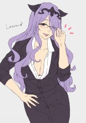 Rule 34 | 1girl, ;), ;d, adjusting eyewear, aomeeso, bad id, bad tumblr id, bespectacled, breasts, camilla (fire emblem), circlet, cleavage, eyes visible through hair, fire emblem, fire emblem fates, flat color, glasses, hair over one eye, hand on own hip, highres, large breasts, lips, long hair, musical note, nintendo, one eye closed, open mouth, purple background, purple eyes, purple hair, quaver, simple background, smile, solo, teacher, wavy hair