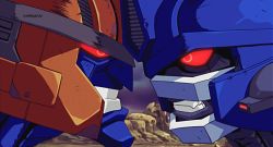 Rule 34 | 2boys, artist name, beast wars, beast wars: transformers, clenched teeth, close-up, derivative work, dinobot (beast wars), dmitry grozov, heads together, highres, looking at another, maximal, mecha, multiple boys, no humans, optimus primal, red eyes, robot, screenshot redraw, teeth, transformers