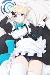 Rule 34 | 1girl, 1other, apron, black dress, blonde hair, blue archive, blue eyes, blue halo, blush, breasts, dress, frilled apron, frills, halo, highres, koflif, looking at viewer, maid, maid headdress, medium breasts, open mouth, short hair, solo focus, thighhighs, toki (blue archive), white apron, white thighhighs