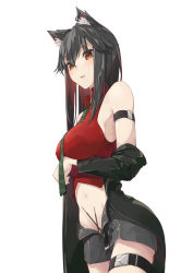 Rule 34 | 1girl, absurdres, adapted costume, animal ear fluff, animal ears, arknights, arm strap, belt, black belt, black hair, black jacket, black shorts, blush, breast hold, breasts, collared shirt, colored inner hair, commentary, covered erect nipples, cowboy shot, ear piercing, eyelashes, food, furrowed brow, green necktie, groin, hair between eyes, highres, jacket, large breasts, long hair, looking at viewer, midriff, multicolored hair, navel, necktie, no panties, off shoulder, official alternate costume, open belt, open clothes, open fly, open jacket, open mouth, orange eyes, piercing, pocky, red hair, red shirt, shirt, short shorts, shorts, sideboob, simple background, sleeveless, sleeveless shirt, solo, straight hair, texas (arknights), texas (willpower) (arknights), thigh strap, two-tone hair, white background, wing collar, wolf ears, yueyue no hand