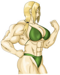 Rule 34 | 1girl, abs, bikini, breasts, extreme muscles, female focus, flexing, highres, mariangts, muscular, naruto, naruto (series), simple background, solo, swimsuit, tsunade (naruto), white background