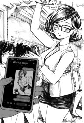 4girls, absurdres, bangs, borrowed character, bra, breasts, cellphone, coffee maker (object), collarbone, commentary, desk, english commentary, english text, eyes closed, glasses, greyscale, hair behind ear, highres, holding, holding clothes, holding phone, holding shirt, ink (medium), jewelry, large breasts, looking at viewer, mole, mole on breast, monochrome, multiple girls, office lady, on desk, open clothes, open shirt, original, pencil skirt, phone, piggy bank, pov, ravenhart, shirt, short hair, single earring, sitting, sitting on desk, skirt, smartphone, smile, smug, snowciel, text messaging, traditional media, train interior, underwear