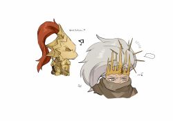 Rule 34 | ..., 3boys, ?, absurdres, armor, breastplate, brothers, brown scarf, covered mouth, cropped shoulders, crown, dark souls (series), dark souls i, dark souls iii, dark sun gwyndolin, dragon slayer ornstein, from side, gold armor, grey eyes, grey hair, helm, helmet, highres, long hair, male focus, multiple boys, musical note, nameless king, notice lines, plume, scarf, siblings, simple background, speech bubble, sweatdrop, translation request, white background, zunkome