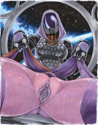 Rule 34 | 1girl, fewer digits, adapted costume, black bodysuit, bodysuit, bottomless, breasts, clitoris, clothes lift, colored skin, commentary, covered face, english commentary, female pubic hair, fewer digits, gluteal fold, helmet, highres, large breasts, lifted by self, marker (medium), mass effect (series), mass effect 1, pov, pov crotch, pubic hair, purple hood, purple pubic hair, purple pussy, purple skin, purple theme, purple thighhighs, pussy, quarian, skin tight, skirt, skirt lift, solo, space, spacecraft interior, spread legs, sukebe 1/3, tali&#039;zorah, thighhighs, traditional media, uncensored, urethra, window