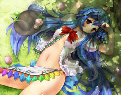 Rule 34 | 1girl, bad id, bad pixiv id, blue hair, blush, bow, breasts, censored, convenient censoring, dappled sunlight, female focus, flat chest, food, fruit, grass, hat, unworn hat, unworn headwear, hinanawi tenshi, long hair, looking at viewer, lying, navel, no panties, on back, open clothes, open shirt, outdoors, peach, red eyes, scarlet (studioscr), shade, shirt, small breasts, solo, sunlight, touhou, tree, tree shade, under tree, very long hair, wallpaper