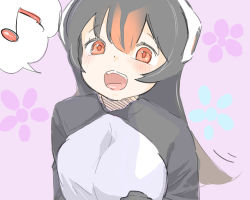Rule 34 | 10s, 1girl, :d, bad id, bad pixiv id, black hair, blush, breasts, dot nose, eyelashes, floral background, gentoo penguin (kemono friends), hair between eyes, hatching (texture), headphones, highres, jacket, kemono friends, large breasts, long hair, long sleeves, looking at viewer, looking up, multicolored hair, music, musical note, open mouth, purple background, quaver, red eyes, red hair, sidelocks, singing, sketch, smile, solo, speech bubble, spoken musical note, tareme, teeth, tententen, tongue, two-tone hair, upper body
