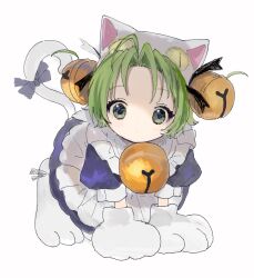 Rule 34 | 1girl, all fours, animal hands, animal hat, apron, bell, blue bow, blue dress, bow, cat hat, closed mouth, dejiko, di gi charat, dress, gloves, green eyes, green hair, hair bell, hair ornament, hat, jingle bell, maid apron, paw gloves, paw shoes, shikaiq, short hair, solo, tail, tail bow, tail ornament, white background