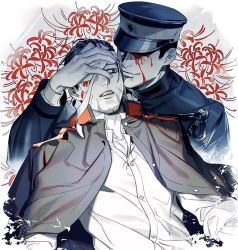 Rule 34 | bandages, bandage over one eye, black eyes, black hair, black jacket, blood, blood on face, closed mouth, collared jacket, covered eyes, facial hair, facial scar, flower, goatee, golden kamuy, hanazawa yusaku, hand on another&#039;s face, hat, imperial japanese army, jacket, jyun xix, looking at another, military, military hat, military uniform, ogata hyakunosuke, open mouth, red flower, scar, scar on cheek, scar on face, shirt, short hair, smile, uniform, upper body, white background, white shirt