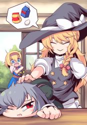 Rule 34 | 3girls, alice margatroid, animal ears, black hat, blonde hair, blue eyes, bow, braid, closed eyes, cookie (touhou), egg, eyebrows, facing another, flour, grey hair, hair bow, hat, highres, ichigo (cookie), kirisame marisa, long hair, looking at another, milk carton, mouse ears, multiple girls, nazrin, nyon (cookie), one eye closed, open mouth, parted lips, pika (seiga797047), puffy short sleeves, puffy sleeves, red bow, red eyes, short hair, short sleeves, speech bubble, suzu (cookie), touhou, witch hat