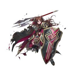 Rule 34 | 1girl, armor, axe, battle axe, black cape, broken, broken weapon, brown eyes, brown hair, cape, clenched teeth, dai-xt, damaged, fingerless gloves, fire emblem, fire emblem: mystery of the emblem, fire emblem heroes, gloves, holding, holding axe, holding shield, long hair, lunge, nintendo, official alternate costume, official art, red cape, red gloves, sheena (fire emblem), sheena (resplendent) (fire emblem), shield, solo, teeth, torn cape, torn clothes, v-shaped eyebrows, weapon