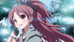 Rule 34 | 10s, 1girl, blush, bow, candy, chocolate, chocolate bar, day, food, hair bow, izumi bell, long hair, mahou shoujo madoka magica, mahou shoujo madoka magica (anime), open mouth, outdoors, ponytail, red eyes, red hair, sakura kyoko, sky, solo, tree, upper body