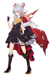 Rule 34 | 1girl, absurdres, adapted costume, alternate costume, ascot, black gloves, black skirt, black vest, boots, bow, bowtie, brown footwear, cape, fingerless gloves, fire, fujiwara no mokou, gloves, highres, hime cut, knee boots, long hair, ofuda, ofuda on clothes, red cape, red eyes, shirt, sidelocks, simple background, skirt, solo, thigh strap, touhou, very long hair, vest, white background, white hair, white shirt, yellow neckwear, yongzhe mei hong