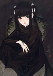 Rule 34 | 1girl, absurdres, black eyes, black hair, black nails, black theme, blush, braid, chinese clothes, cloud, dragon, earrings, elbow on knee, flower, framed, highres, jewelry, long sleeves, looking to the side, nail polish, original, tassel, tattoo, ushiyama ame, whorled clouds