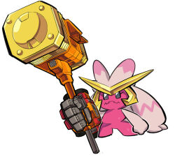 Rule 34 | absurdres, animal focus, chibi, creatures (company), crossover, frown, full body, game freak, goldion hammer, grey eyes, hammer, highres, holding, holding hammer, looking ahead, mechanical arms, nintendo, no humans, pillar buster, pokemon, pokemon (creature), simple background, single mechanical arm, tinkaton, v-fin, weapon connection, white background, yuusha ou gaogaigar, yuusha series