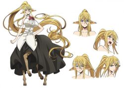 Rule 34 | 10s, 1girl, absurdly long hair, animal ears, blonde hair, blue eyes, breasts, centaur, centorea shianus, character design, character sheet, concept art, covered erect nipples, expressions, facial expressions, full body, hand on own hip, horse ears, horse tail, huge breasts, long hair, monster girl, monster musume no iru nichijou, multiple legs, multiple views, official art, ponytail, sidelocks, simple background, skirt, sleeveless, smile, tail, taur, very long hair, white background