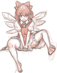 Rule 34 | 1girl, barefoot, between legs, bloomers, blush, bow, cirno, dress, feet, full body, grin, hair bow, highres, kuro suto sukii, looking at viewer, monochrome, short hair, simple background, sitting, sketch, smile, solo, touhou, underwear, white background