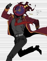 Rule 34 | 1other, black pants, black shirt, clock, coat, collared shirt, cowboy shot, dante (limbus company), dobe (user hgxt5234), fire, limbus company, long sleeves, necktie, object head, pants, project moon, red coat, red necktie, running, shirt, simple background, solo, white background
