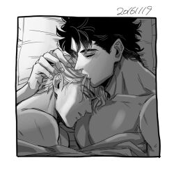 Rule 34 | 2016, 2boys, bed, blush, charai (withoutyou222), closed eyes, commentary request, couple, dated, dio brando, indoors, jojo no kimyou na bouken, jonathan joestar, kissing hair, lying, male focus, monochrome, multiple boys, muscular, muscular male, on bed, pectorals, phantom blood, pillow, short hair, yaoi