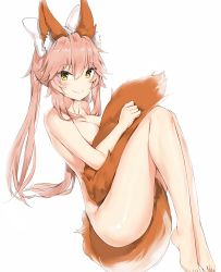 Rule 34 | 10s, 1girl, animal ear fluff, animal ears, barefoot, between legs, closed mouth, fang, fang out, fate/extra, fate (series), fox ears, fox tail, from side, hair between eyes, highres, knees to chest, long hair, looking at viewer, nude, pink hair, silver (chenwen), simple background, smile, solo, tail, tail between legs, tamamo (fate), tamamo no mae (fate/extra), twintails, white background, yellow eyes