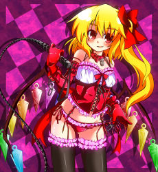 Rule 34 | 1girl, bdsm, black thighhighs, blonde hair, blush, bow, collar, corsage, corset, dominatrix, elbow gloves, embodiment of scarlet devil, fang, female focus, flandre scarlet, garter straps, gin (shioyude), gloves, hair bow, highres, midriff, no headwear, no headwear, panties, red eyes, red gloves, red panties, side ponytail, smirk, solo, strap pull, thighhighs, touhou, underwear, whip, wings