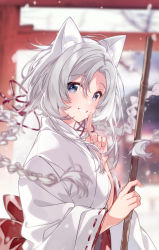 Rule 34 | 1girl, :d, animal ear fluff, animal ears, back bow, bamboo broom, blue eyes, blurry, blurry background, blush, bow, braid, broom, cat ears, day, depth of field, finger to mouth, floating hair, from side, grin, hair ribbon, highres, holding, holding broom, index finger raised, japanese clothes, kimono, long hair, long sleeves, looking at viewer, looking to the side, miko, open mouth, original, outdoors, parted lips, red bow, red ribbon, ribbon, shushing, silver hair, smile, snowing, solo, teeth, torii, twin braids, u35, upper teeth only, white kimono, winter